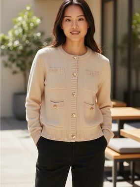 Zara Textured Knit Cardigan with Gold Buttons – Beige (Size S)
